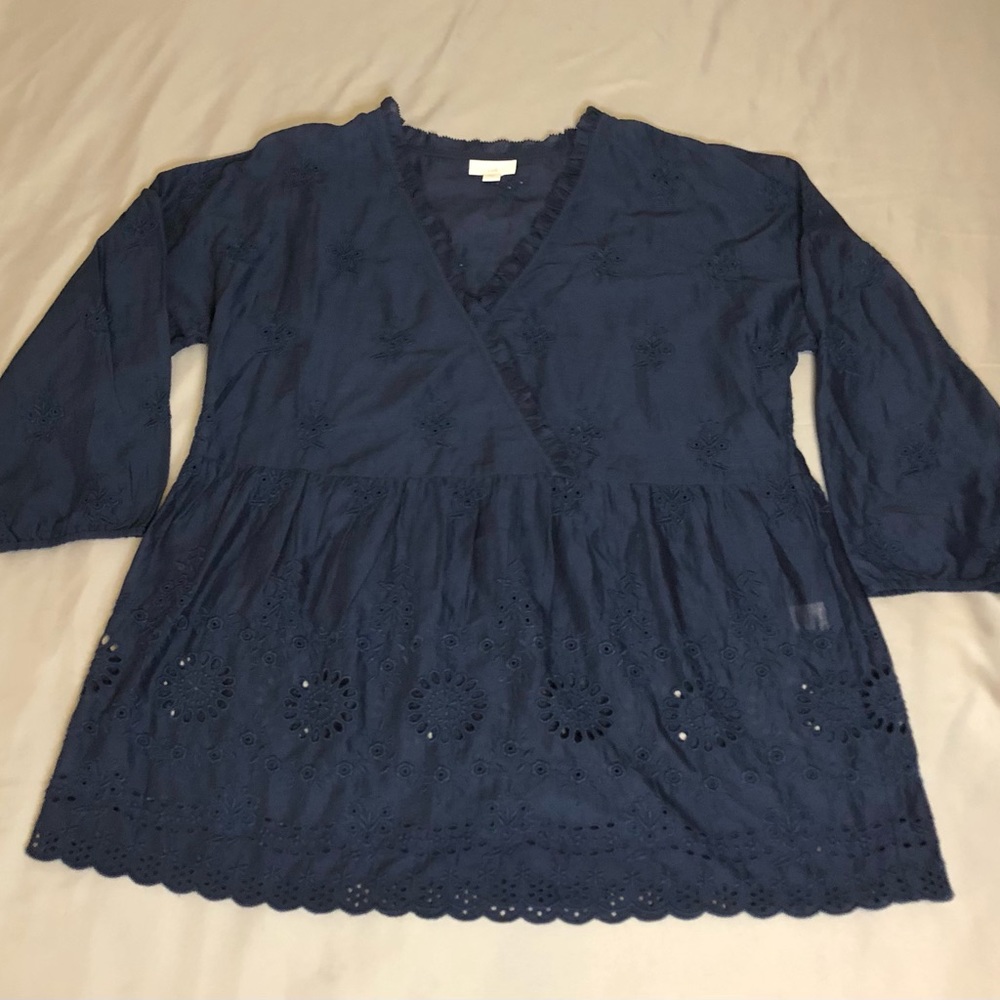 J. Jill Blue Embroidered Smock Top Size Small